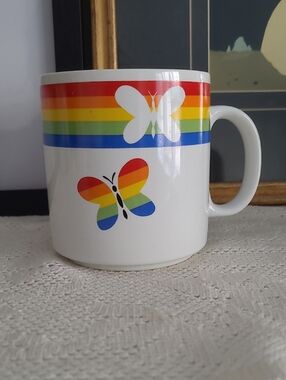 Russ White Mug with Rainbow Butterfly and Stripe Accent